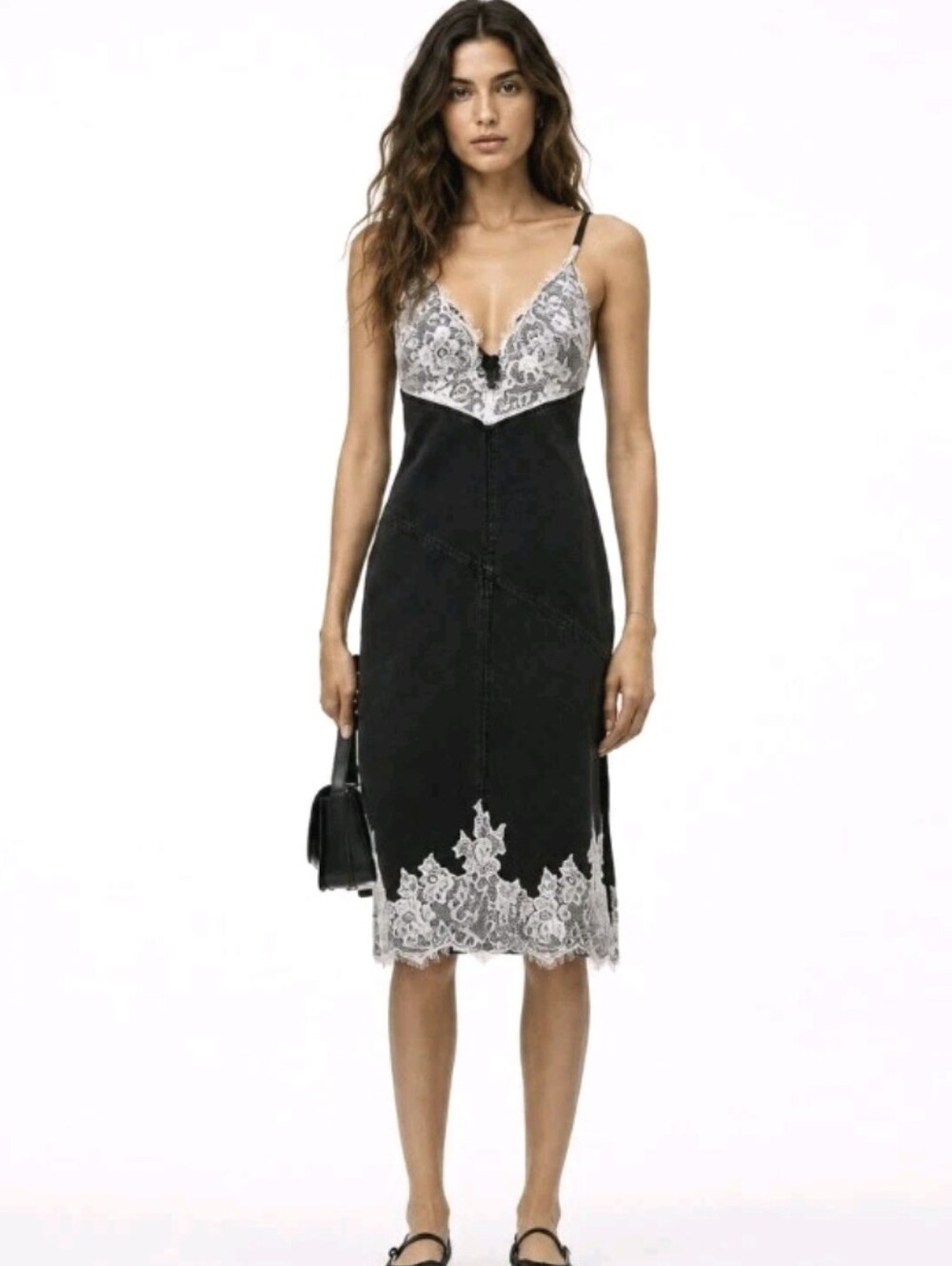 3.1 Phillip Lim Denim Slip Dress With Lace Washed Black Women's Sz 8 NWT $550